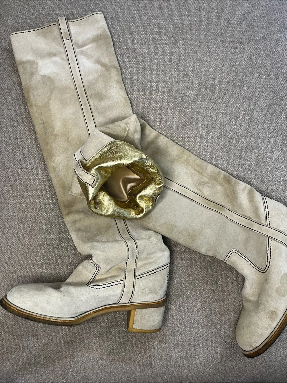 Vintage CHANEL Knee High Suede Boots Light Beige EU 38 Fold-over Gold Interior